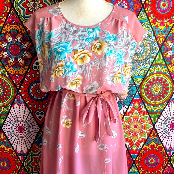 Vintage 1970s Dusty Rose Floral Print Dress Sz 10 - Picture 2 of 8